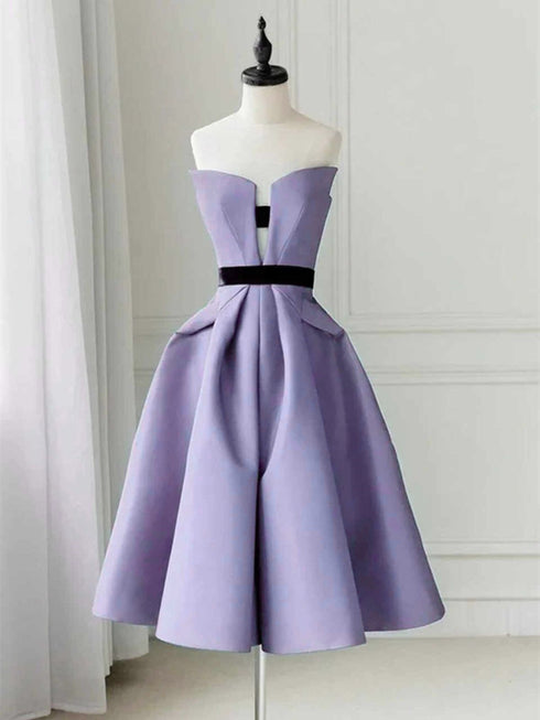 A-Line Light Purple Satin Knee Length Prom Dress, Light Purple Satin Homecoming Dress