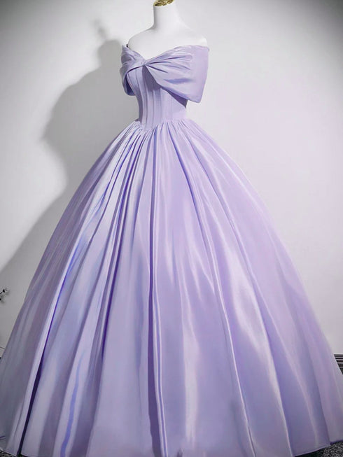 A-line Light Purple Off Shoulder Floor Length Party Dress, Light Purple Satin Long Prom Dress