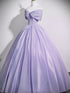 A-line Light Purple Off Shoulder Floor Length Party Dress, Light Purple Satin Long Prom Dress