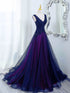 A-line Blue and Purple V-neckline with Lace Applique Party Dress, Blue and Purple Evening Dress