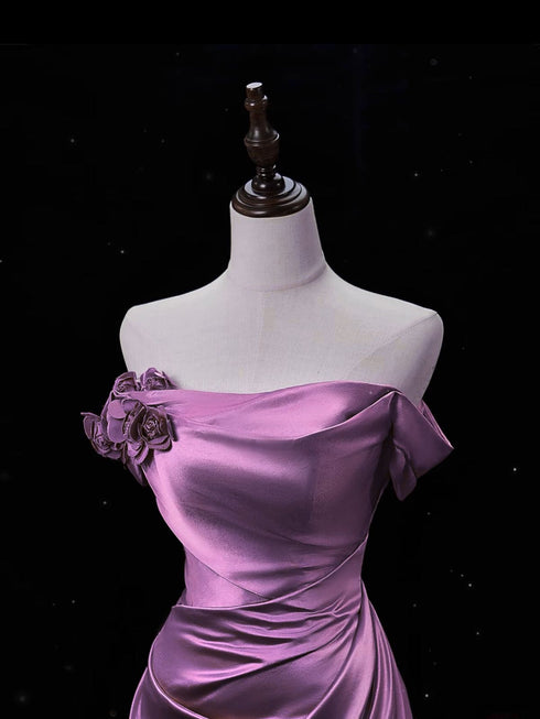 Purple Satin Mermaid Off Shoulder Low Back Party Dress, Purple Satin Long Evening Dress