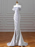 Sliver Off Shoulder Scoop Long Party Dress with Leg Slit, Sliver Prom Dress