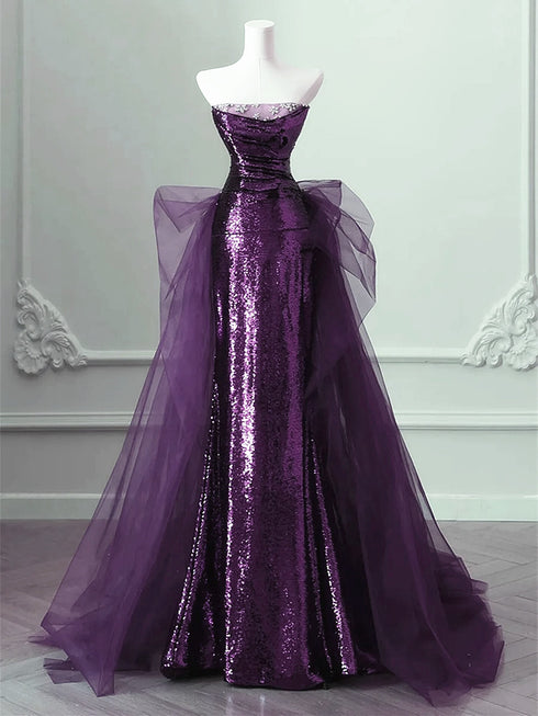 Purple Sequins Long Party Dress, A-line Purple Sequins Prom Dress with Tulle