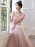 Pink Off Shoulder Beaded A-line Tulle Party Dress, Pink Tulle Prom Dress