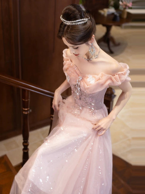 Pink Off Shoulder Beaded A-line Tulle Party Dress, Pink Tulle Prom Dress