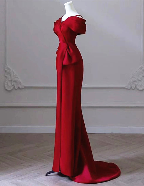 Wine Red Mermaid Satin Off Shoulder Party Dress, Wine Red Satin Prom Dress