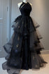 Black Halter Tulle Layers A-line Long Party Dress, Black Floor Length Prom Dress