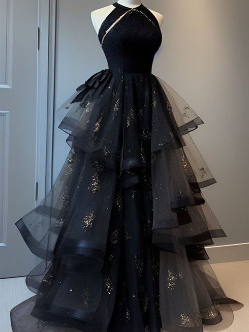 Black Halter Tulle Layers A-line Long Party Dress, Black Floor Length Prom Dress