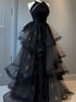Black Halter Tulle Layers A-line Long Party Dress, Black Floor Length Prom Dress