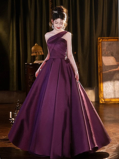 Purple A-line Satin One Shoulder Floor Length Party Dress, Purple Prom Dress with Bow