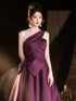 Purple A-line Satin One Shoulder Floor Length Party Dress, Purple Prom Dress with Bow