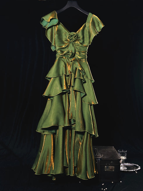 Green Layers Cap Sleeves Satin Long Party Dress, Green Satin Prom Dress Evening Dress