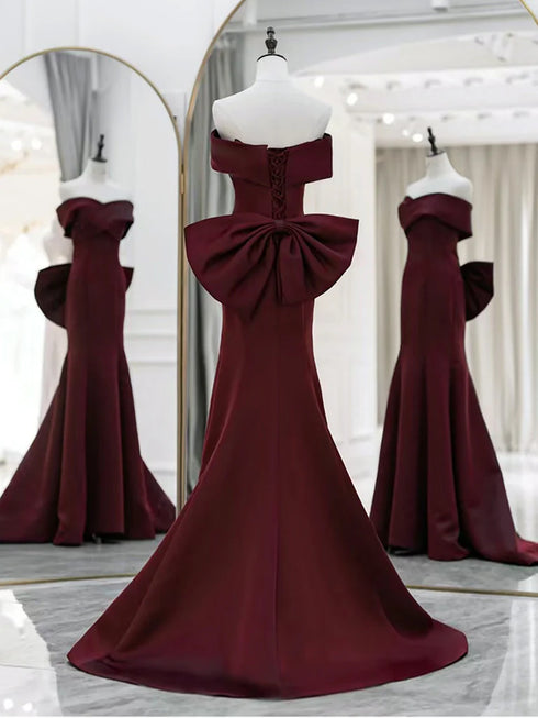 Wine Red Off Shoulder Long Party Dress with Bow, Wine Red Satin Evening Dress