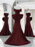 Wine Red Off Shoulder Long Party Dress with Bow, Wine Red Satin Evening Dress