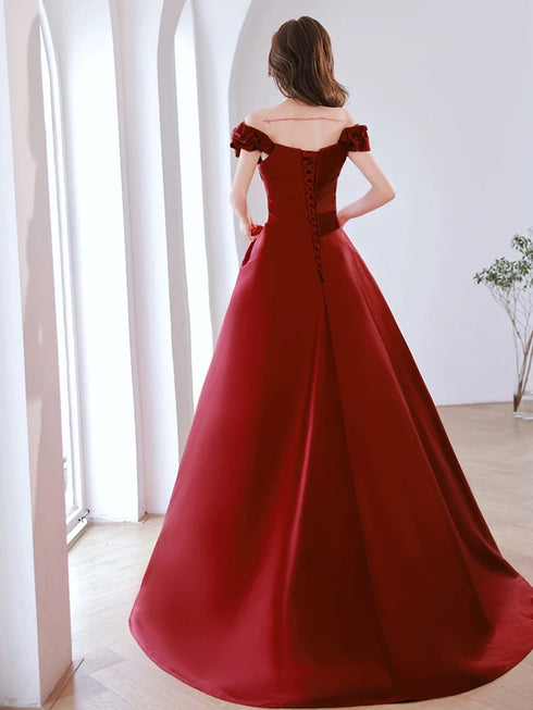 Wine Red Satin Off Shoulder Party Dress, A-line Satin Wine Red Prom Dress Evening Dress