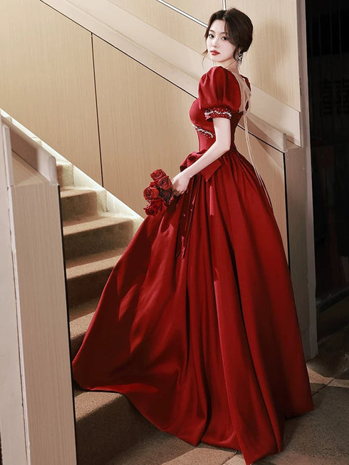 Wine Red Satin Short Sleeves Pearls Long Party Dress, Wine Red Satin Prom Dress