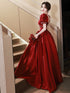 Wine Red Satin Short Sleeves Pearls Long Party Dress, Wine Red Satin Prom Dress