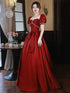 Wine Red Satin Short Sleeves Pearls Long Party Dress, Wine Red Satin Prom Dress