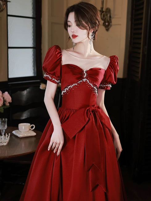 Wine Red Satin Short Sleeves Pearls Long Party Dress, Wine Red Satin Prom Dress