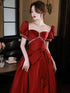 Wine Red Satin Short Sleeves Pearls Long Party Dress, Wine Red Satin Prom Dress