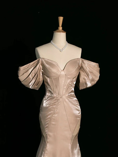 Champagne Mermaid Off The Shoulder Satin Long Party Dress, Champagne Party Dress