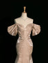 Champagne Mermaid Off The Shoulder Satin Long Party Dress, Champagne Party Dress