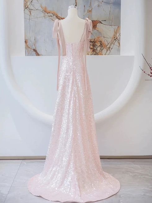 Pink Sequins A-line Straps Long Party Dress, Pink Floor Length Prom Dress Evening Dress