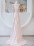 Pink Sequins A-line Straps Long Party Dress, Pink Floor Length Prom Dress Evening Dress