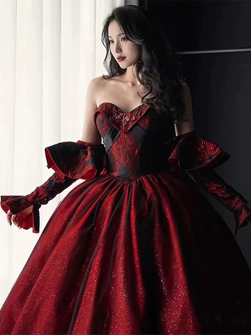 Black and Red Long Sleeves Party Dress Evening Dress, Black Wedding Party Dress