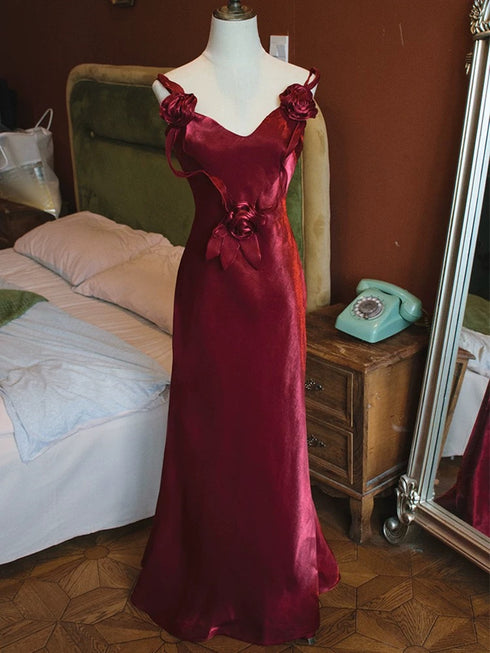 Wine Red V-neckline Mermaid Long Straps Party Dress, Wine Red Satin Prom Dress