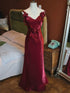 Wine Red V-neckline Mermaid Long Straps Party Dress, Wine Red Satin Prom Dress