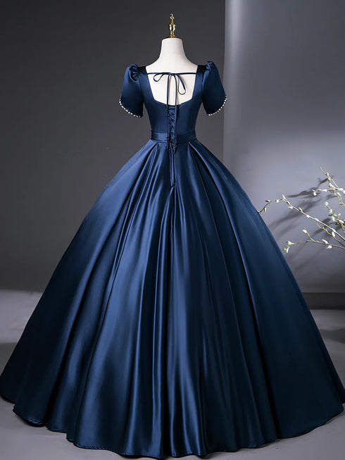 Blue Satin Short Sleeves Beaded Long Party Dress, Blue Satin Long Prom Dress