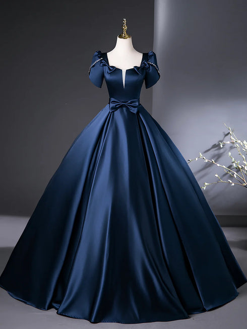 Blue Satin Short Sleeves Beaded Long Party Dress, Blue Satin Long Prom Dress
