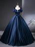 Blue Satin Short Sleeves Beaded Long Party Dress, Blue Satin Long Prom Dress