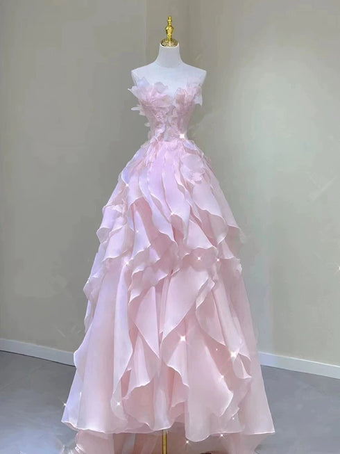 Pink Round Neckline Organza A-line Long Party Dress, Layers Organza Prom Dress