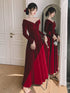 Wine Red Velvet Long Sleeves A-line Evening Dress, Wine Red Velvet Prom Dress