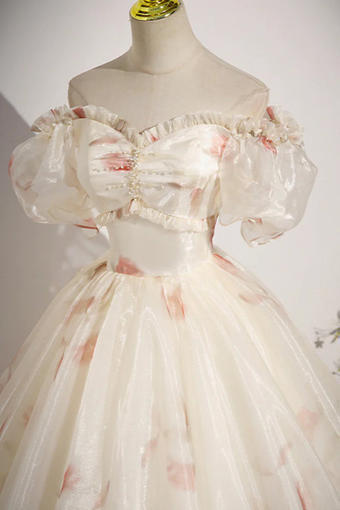 Lovely Floral Beaded Short Sleeves Party Dress, A-line Long Sweet 16 Dress Evening Gown