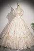 Lovely Floral Beaded Short Sleeves Party Dress, A-line Long Sweet 16 Dress Evening Gown