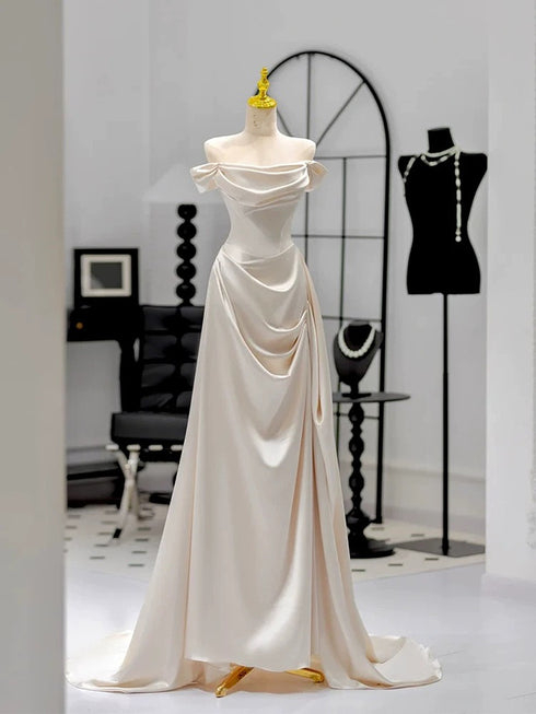 Ivory Satin Off Shoulder A-line Party Dress, Ivory Satin Long Prom Dress Evening Dress