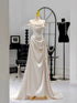 Ivory Satin Off Shoulder A-line Party Dress, Ivory Satin Long Prom Dress Evening Dress