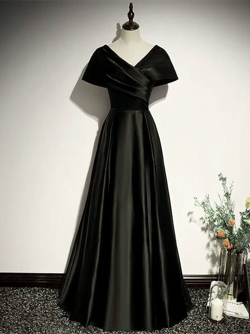 Black Off Shoulder Satin A-line Party Dress, Black Satin Evening Dress Prom Dress