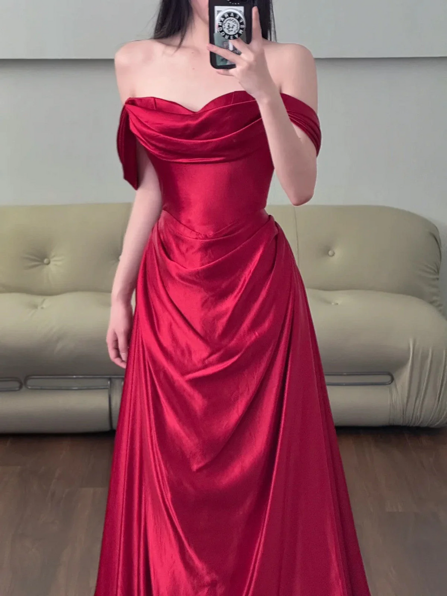 Wine Red Satin Straps V-neckline with Lace Party Dress, Wine Red Evening Dress Prom Dress