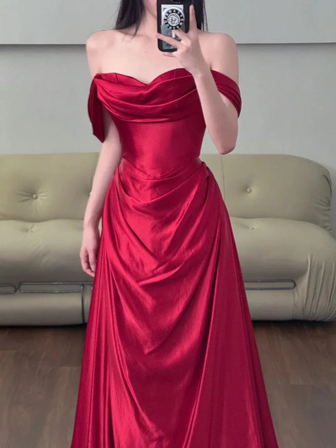 Wine Red Satin Long Party Dress Prom Dress, Off Shoulder Wine Red Evening Dress
