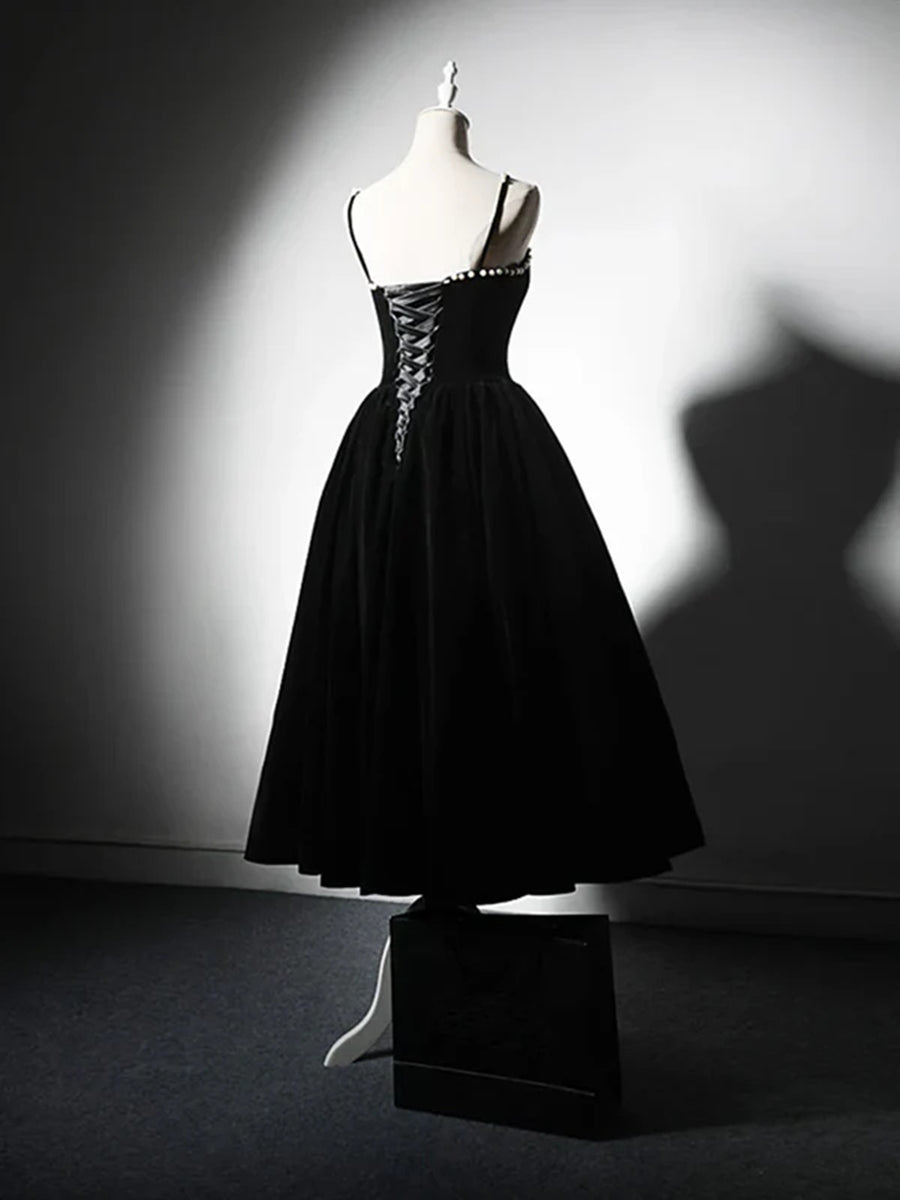 Black Tea Length Straps Velvet Party Dress, Black Velvet Homecoming Dr BeautyDressy Black Tea Length Straps Velvet Party Dress, Black Velvet Homecoming Dr BeautyDressy