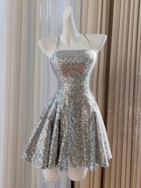 Sliver-Grey Short Sequins Straps Homecoming Dress, Sequins Short Prom Dress