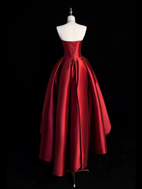Wine Red Satin High Low Party Dress Homecoming Dress, Wine Red Satin Short Prom Dress