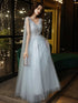 Light Blue V-neckline Beaded Floor Length Prom Dress, Light Blue Tulle Party Dress