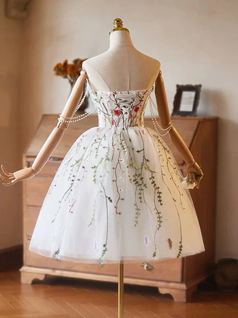 Ivory Tulle Knee Length Scoop Short Party Dress, Ivory Floral Lace Applique Homecoming Dress