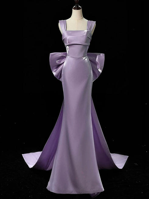 Purple Satin Mermaid Satin Long Party Dress with Bow, Purple Satin Evening Dress Prom Dress