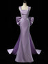 Purple Satin Mermaid Satin Long Party Dress with Bow, Purple Satin Evening Dress Prom Dress